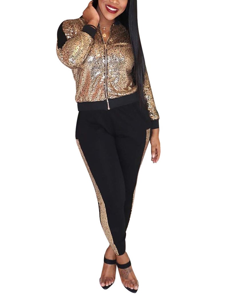 SIAEAMRG Women 2 Piece Glitter Sequin Outfits Tracksuit, Long Sleeve Jacket Tops Bodycon Long Pants Sparkle Sweatsuit Club Wear (XXL, Rose Gold) - Image 1